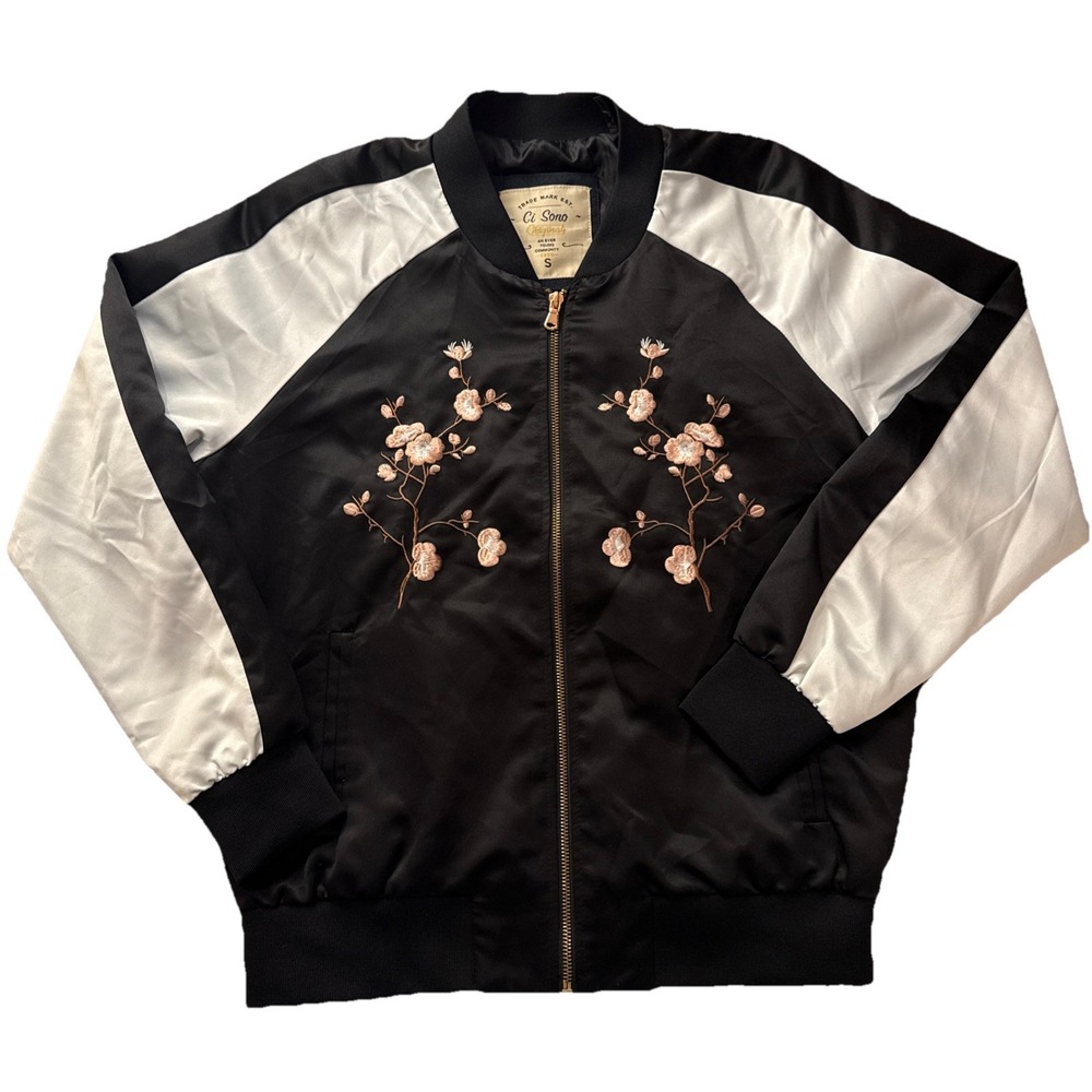 Ci Sono Originals Wmns‎ S Full Zip Floral Embroider Satin Jacket Boho Rockabilly